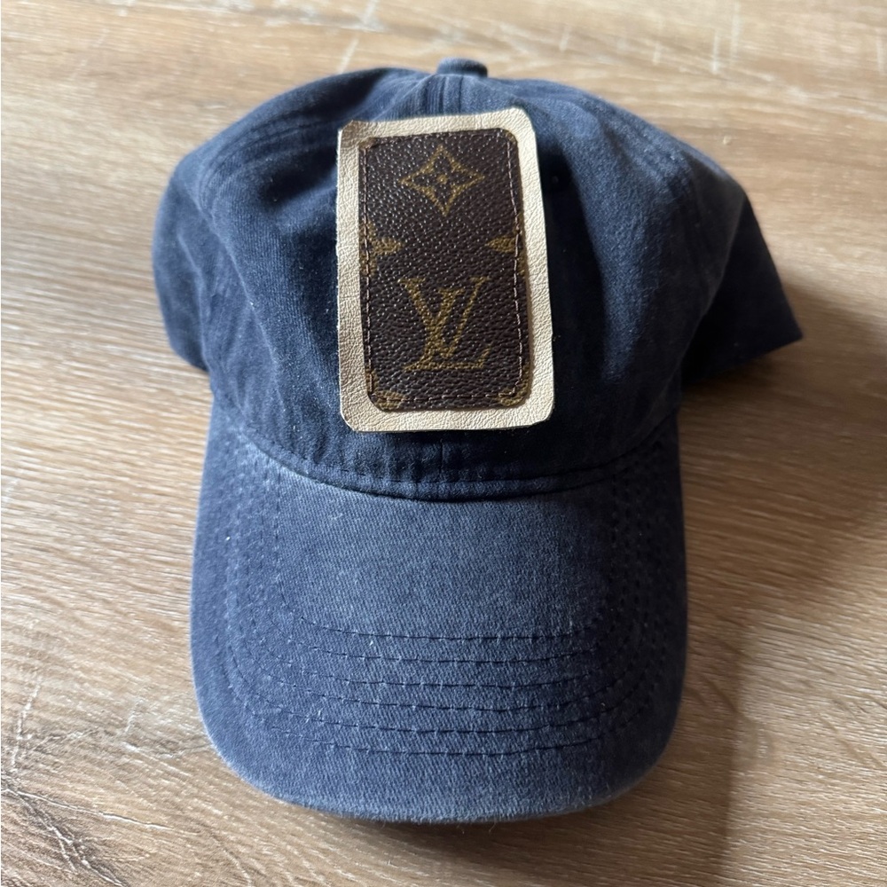 Upcycled Lv monogram dark blue Cap with lv Logo Patch